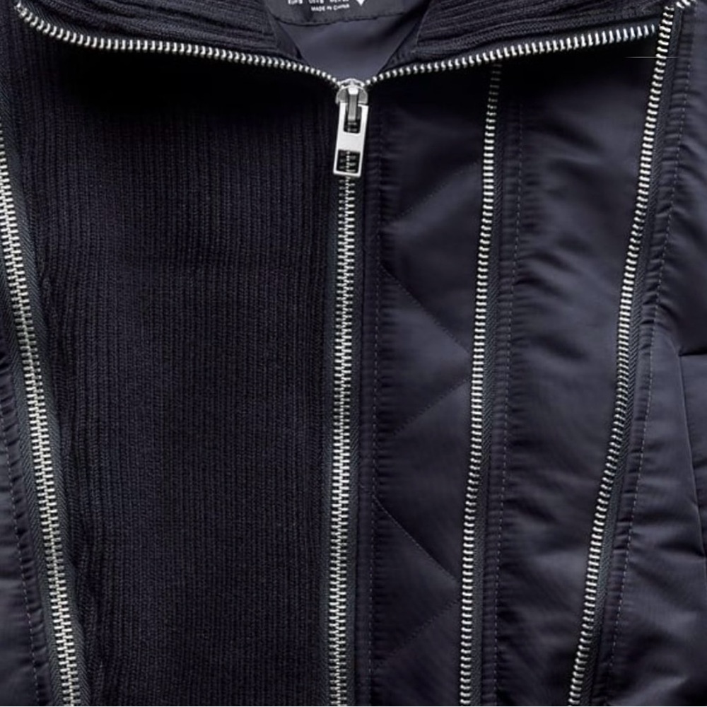 Zara Navy Pinstripe Bomber Jacket W/ Multiple Silver Zippers.  Size XS.  NWOT. - Picture 10 of 13